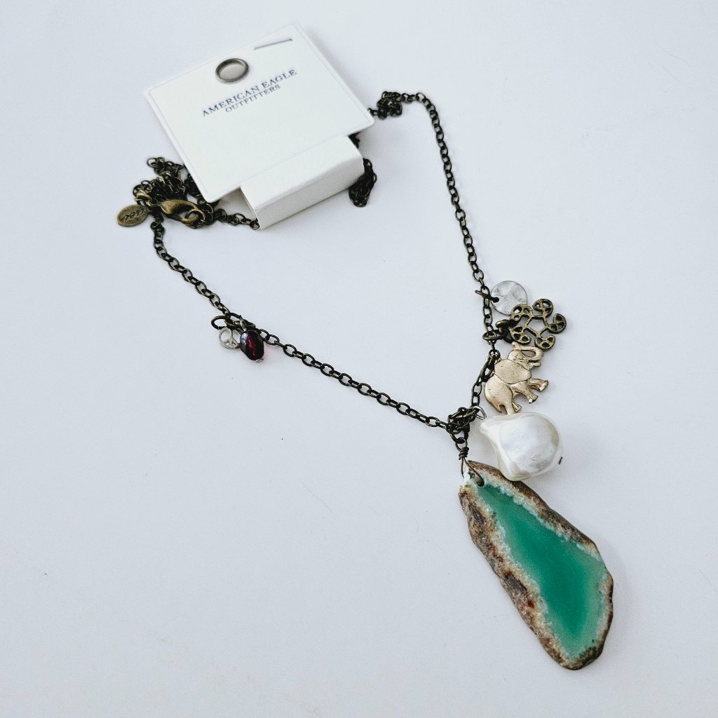 Aeo American Eagle Boho Faux Agate Pearl Luck Charms Long Necklace Nwt 12$